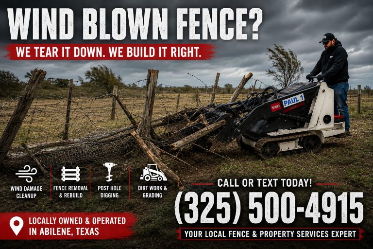 Toro Dingo mini skid steer repairing a wind damaged fence in Abilene TX using a hydraulic auger attachmentabilene tx