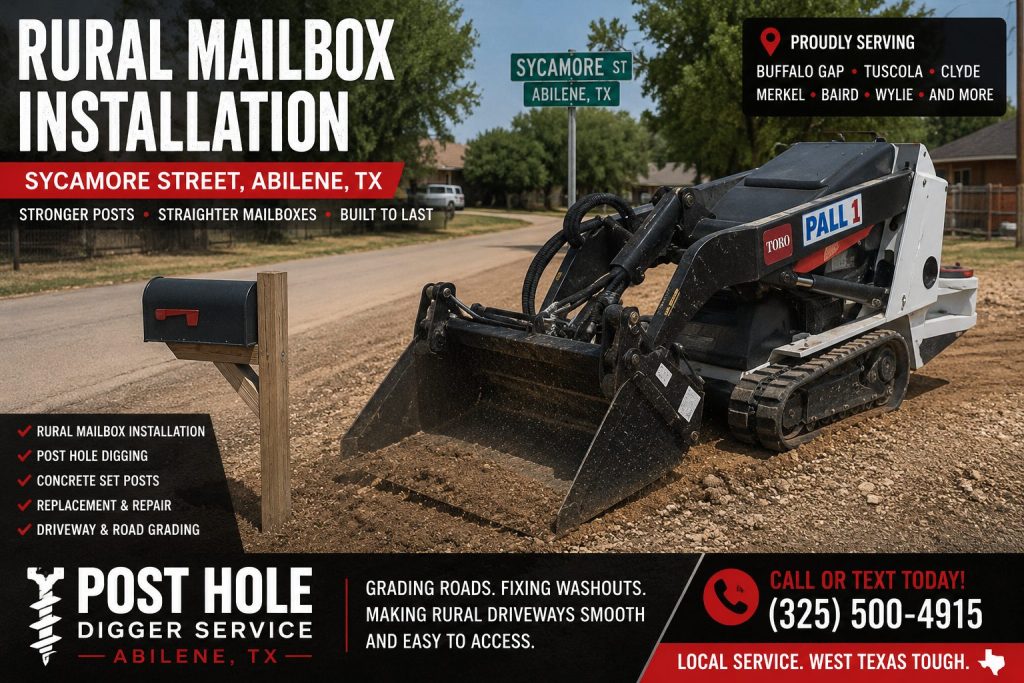 Worker operating Toro Dingo for rural mailbox installation in Abilene TX