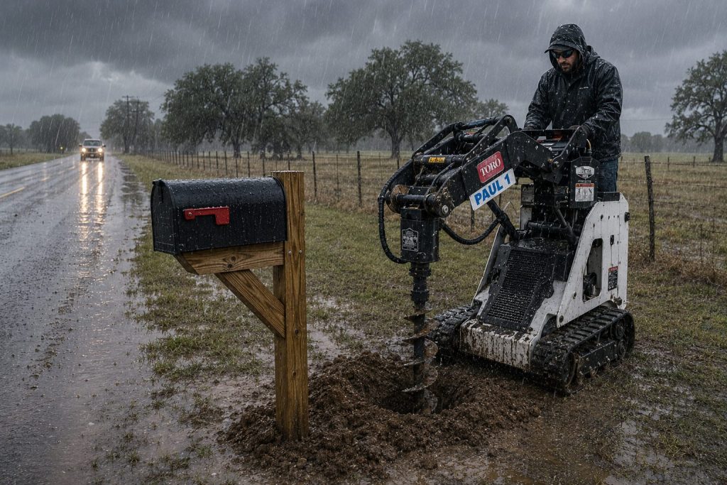 Worker operating Toro Dingo during rainy mailbox installation in Abilene TX