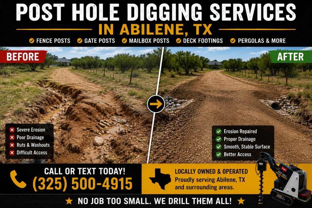 Post hole digging services in Abilene TX during rain and snow for fence, gate, and mailbox installation projects.