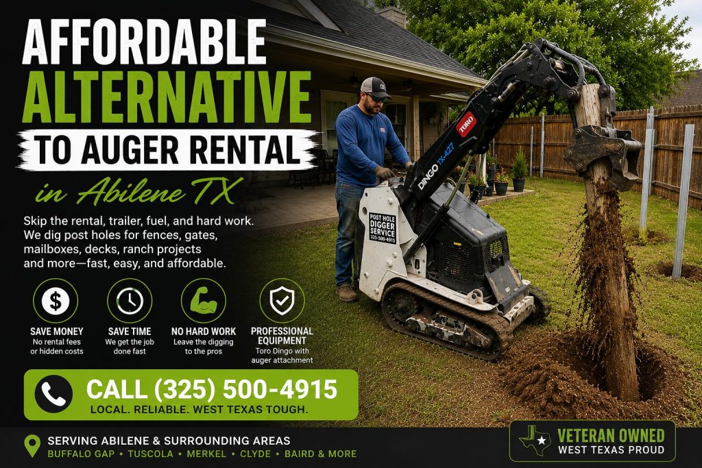 Affordable alternative to auger rental in Abilene TX with Toro Dingo post hole digging near mesquite trees on a West Texas ranch.