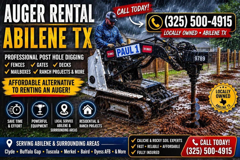 Toro Dingo auger drilling fence post holes during rainy weather in Abilene TX