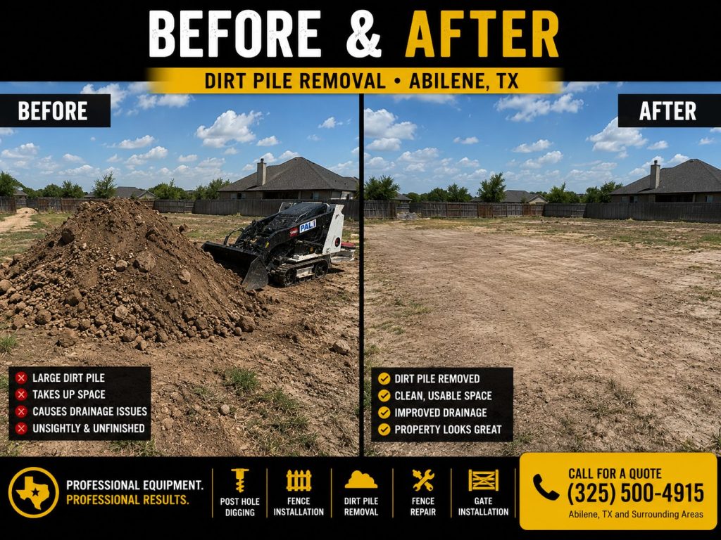 Before and after dirt pile removal project in Abilene TX showing improved property appearance.