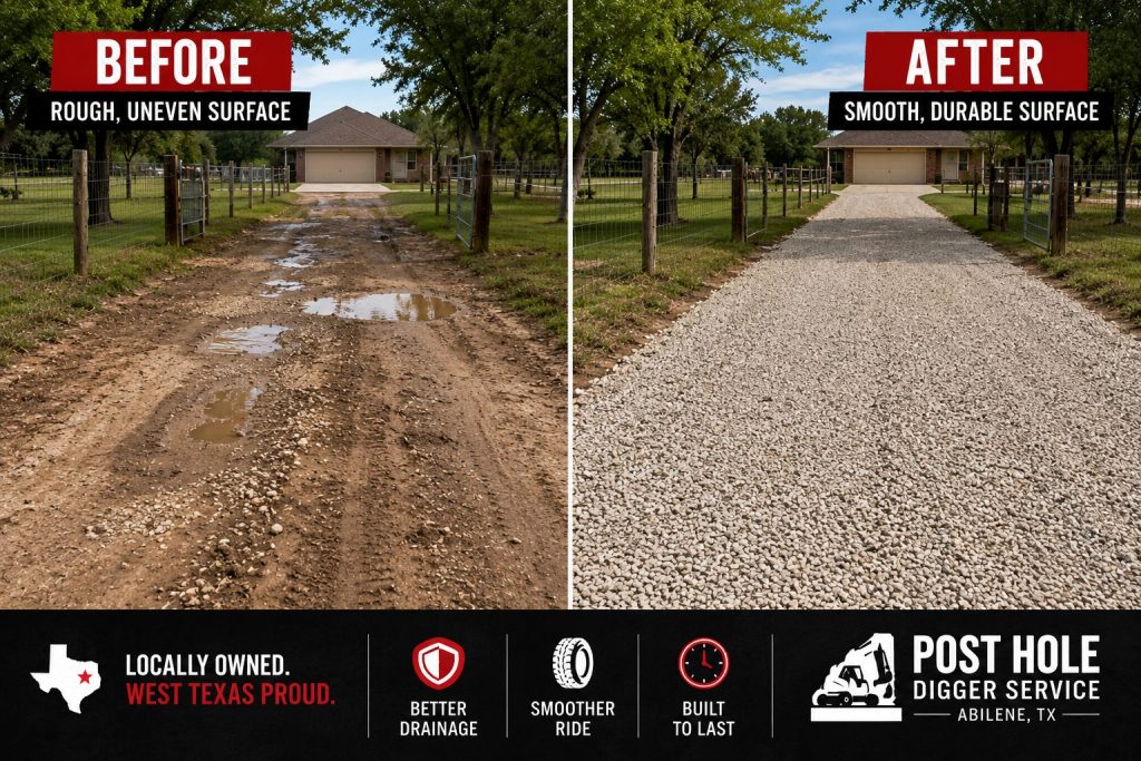Before and after private road grading project in Abilene TX