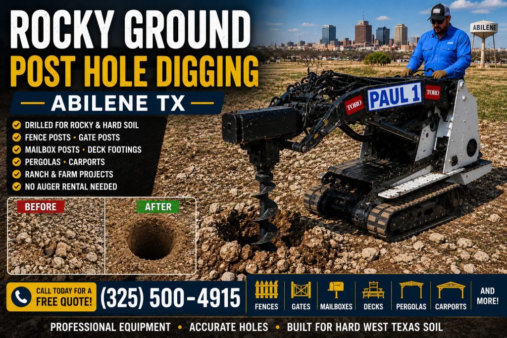 Before and after rocky ground post hole drilling in Abilene TX showing completed hole installation.