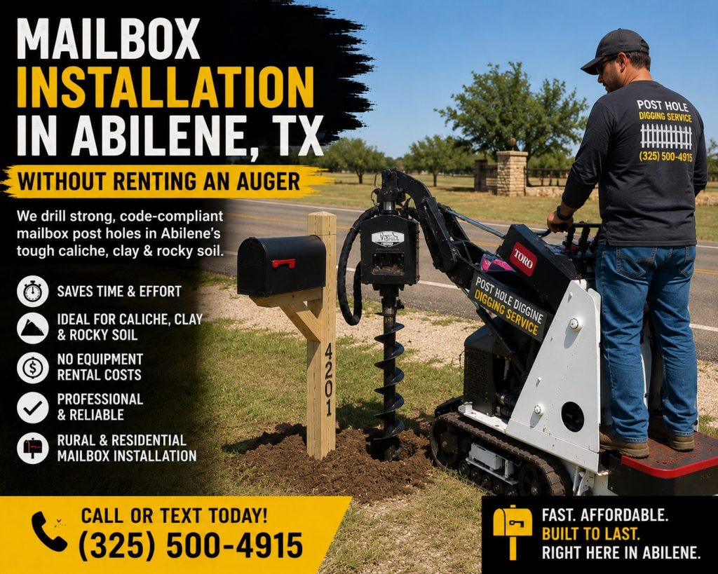 Mailbox post installation on Buffalo Gap Road in Abilene TX during rainy weather conditions.