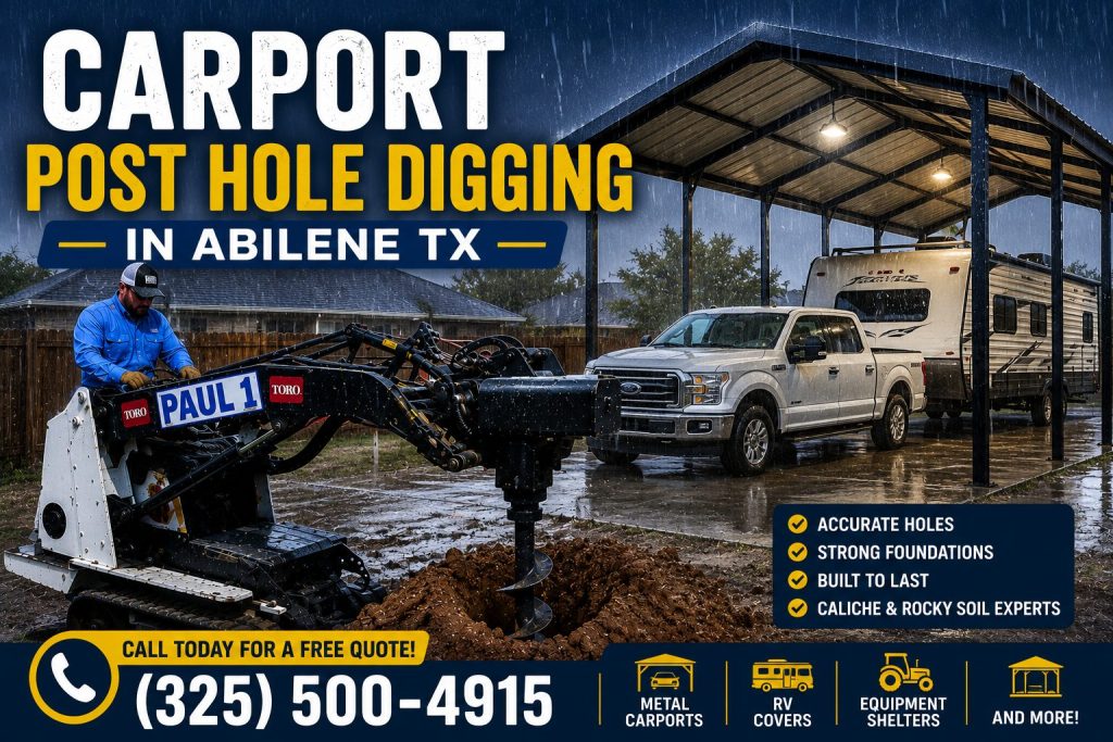 Carport post hole digging in Abilene TX during rain using a Toro Dingo mini skid steer auger.