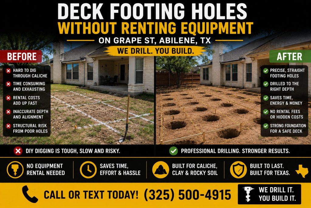 Before and after deck footing hole drilling project in Abilene TX showing prepared deck foundation layout.
