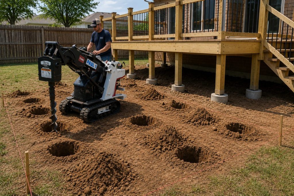 Auger drilling deck footing holes in Abilene TX