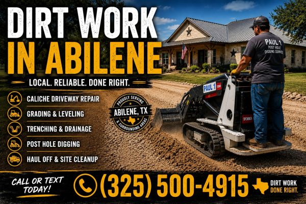 Dirt work services in Abilene TX using a Toro Dingo mini skid steer for grading and site preparation