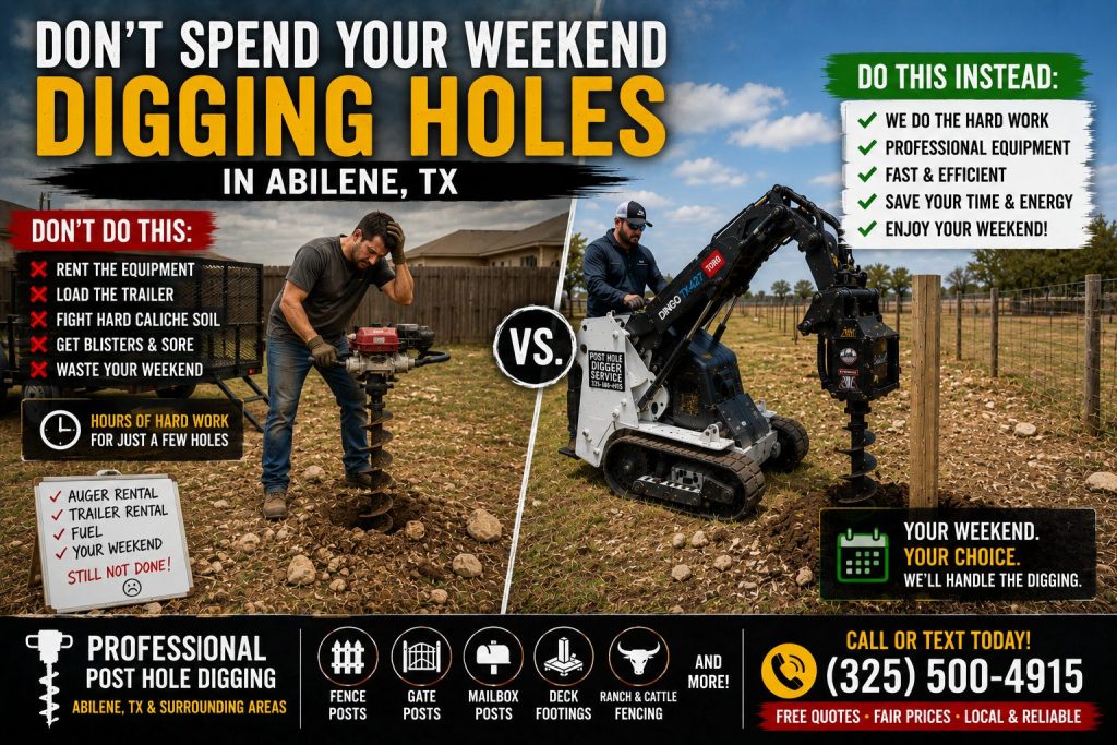 Professional post hole digging service in snowy weather with green grass in Abilene TX.