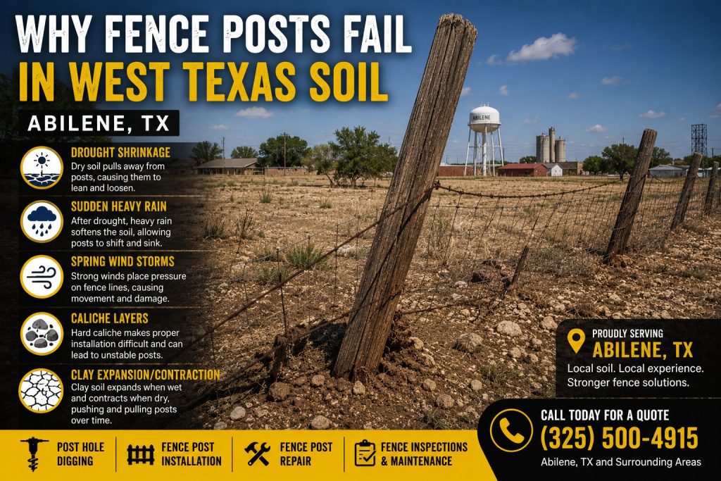 Fence post leaning in caliche soil conditions in Abilene TX due to shifting West Texas ground.