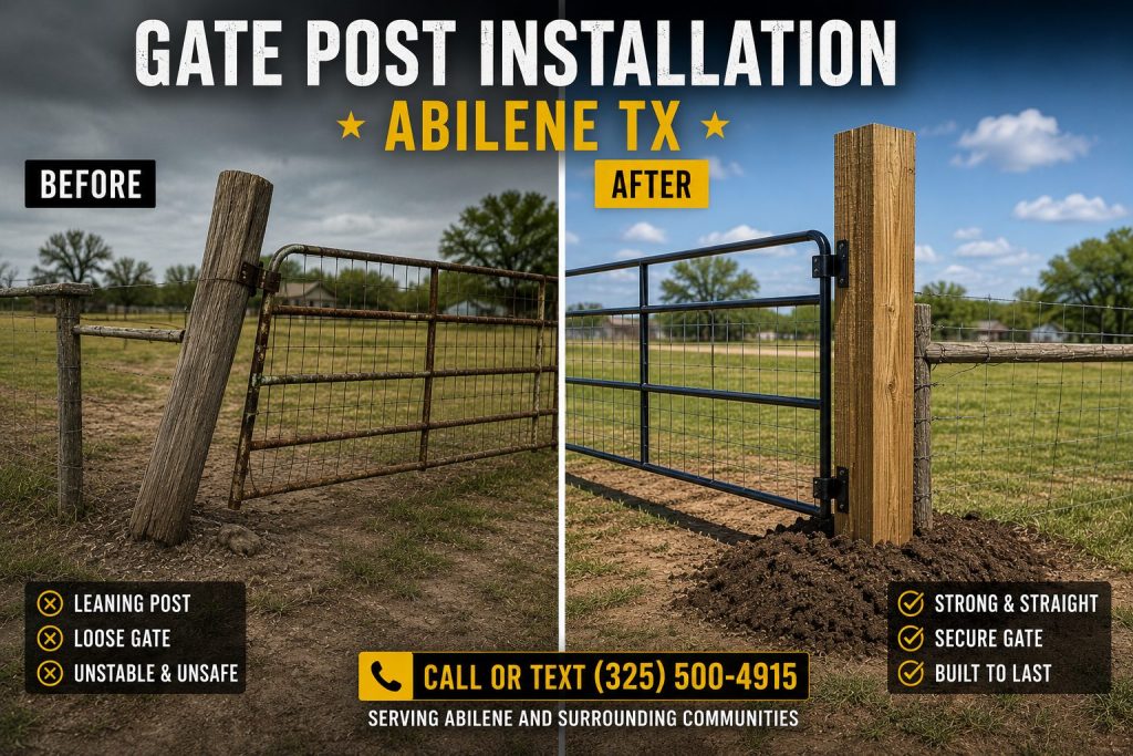 Before and after gate post installation showing leaning gate post replaced with new secure gate post in Abilene TX