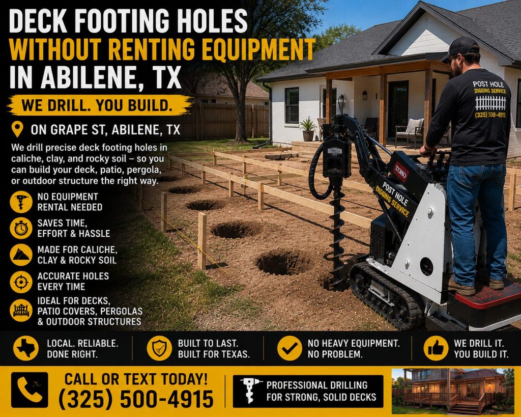 Deck footing hole drilling on a backyard project near Grape Street in Abilene TX.
