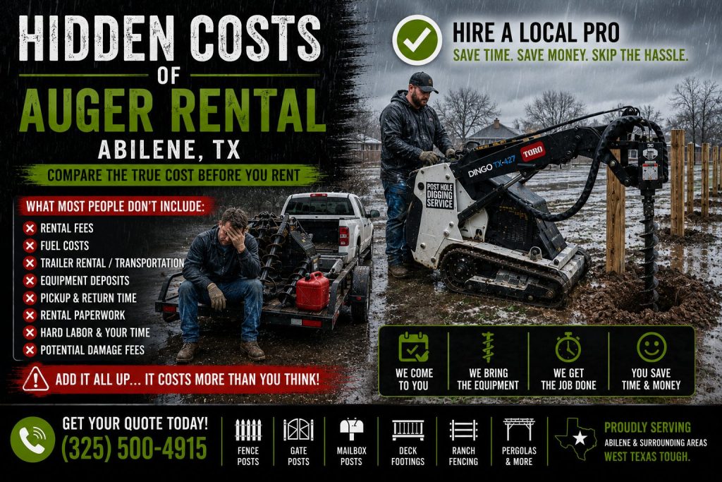 Hidden costs of auger rental in Abilene TX shown during rainy winter conditions with Toro Dingo post hole digging equipment and fence post installation.