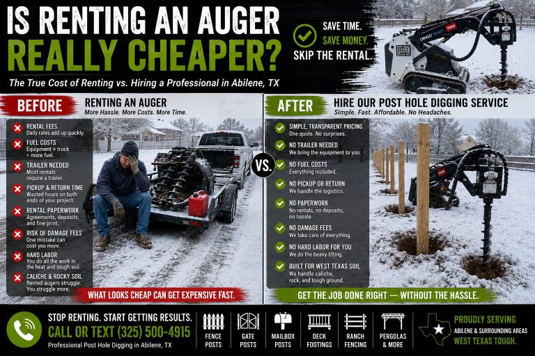Winter before and after comparison of auger rental versus professional post hole digging service in snowy West Texas conditions.