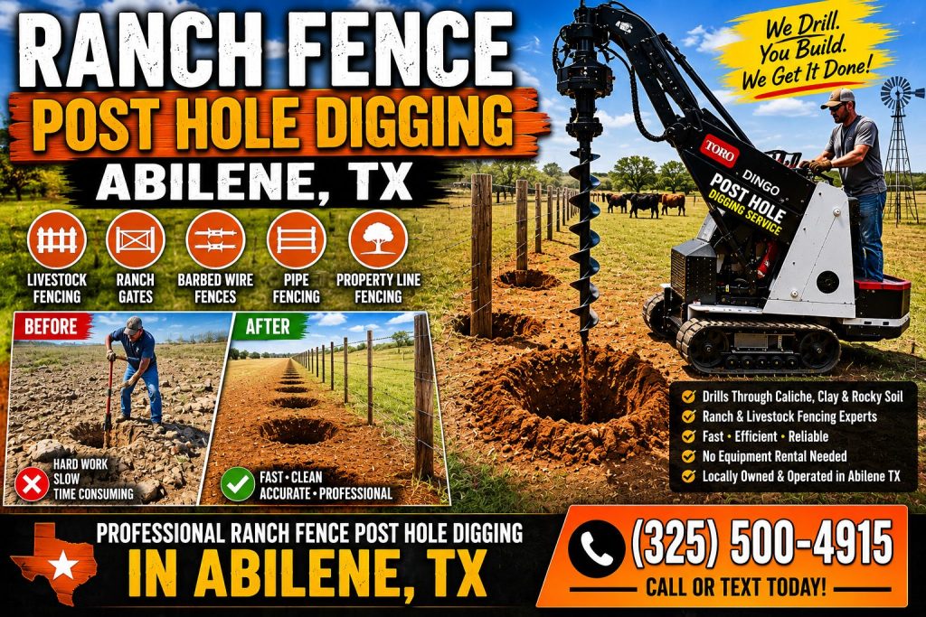 Livestock fence post drilling in Abilene TX with professionally spaced ranch fence holes and cattle pasture in the background.