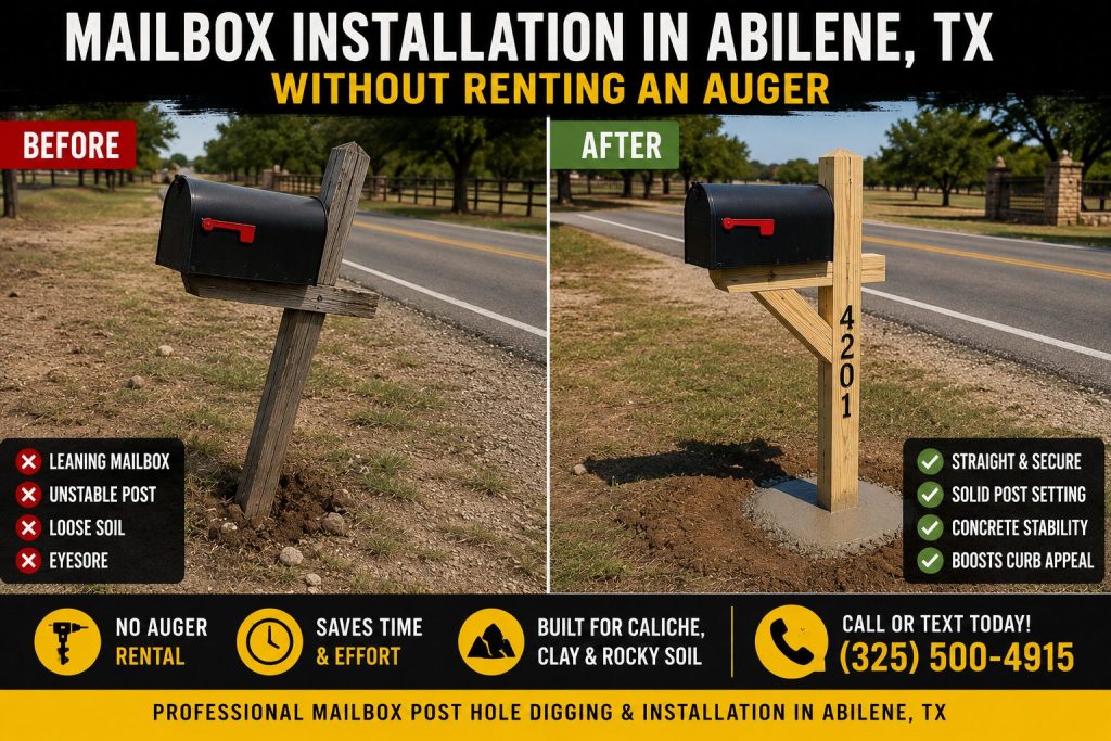 Mailbox installation in Abilene TX without renting an auger using professional post hole digging equipment.