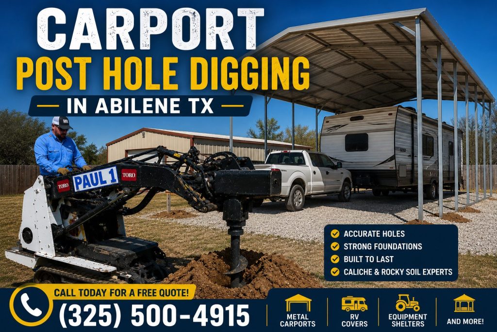 Metal carport foundation holes drilled in Abilene TX for a new covered parking structure.