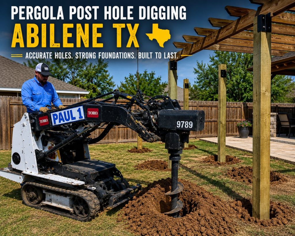Pergola post hole drilling service in Abilene TX during snowy winter conditions with Toro Dingo auger equipment.