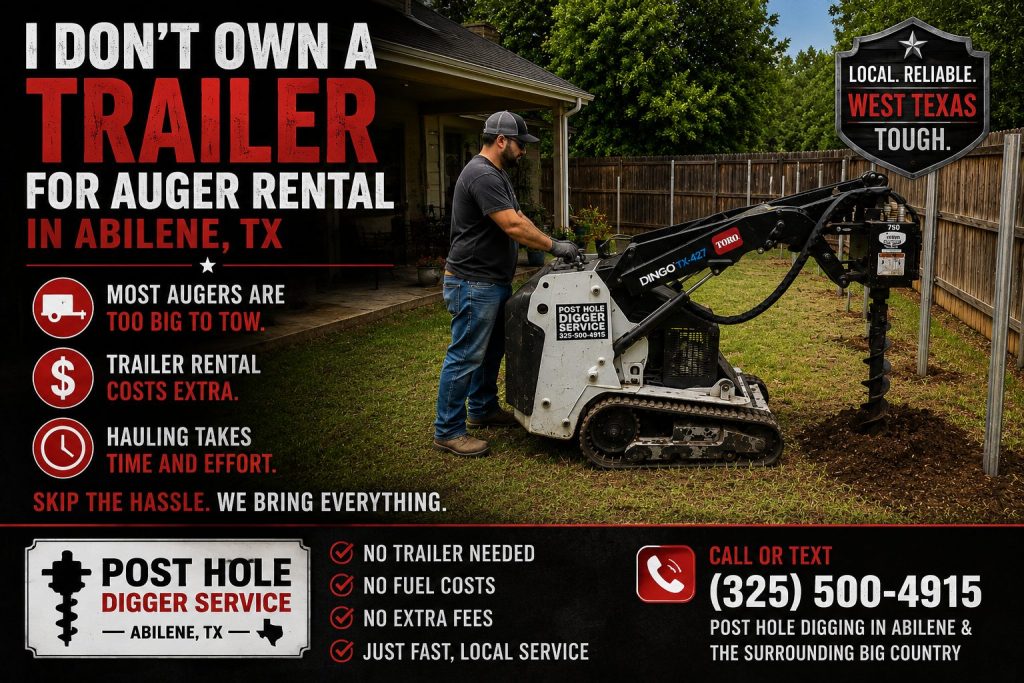 Professional post hole digging service operating in rainy conditions in Abilene TX with Toro Dingo mini skid steer.