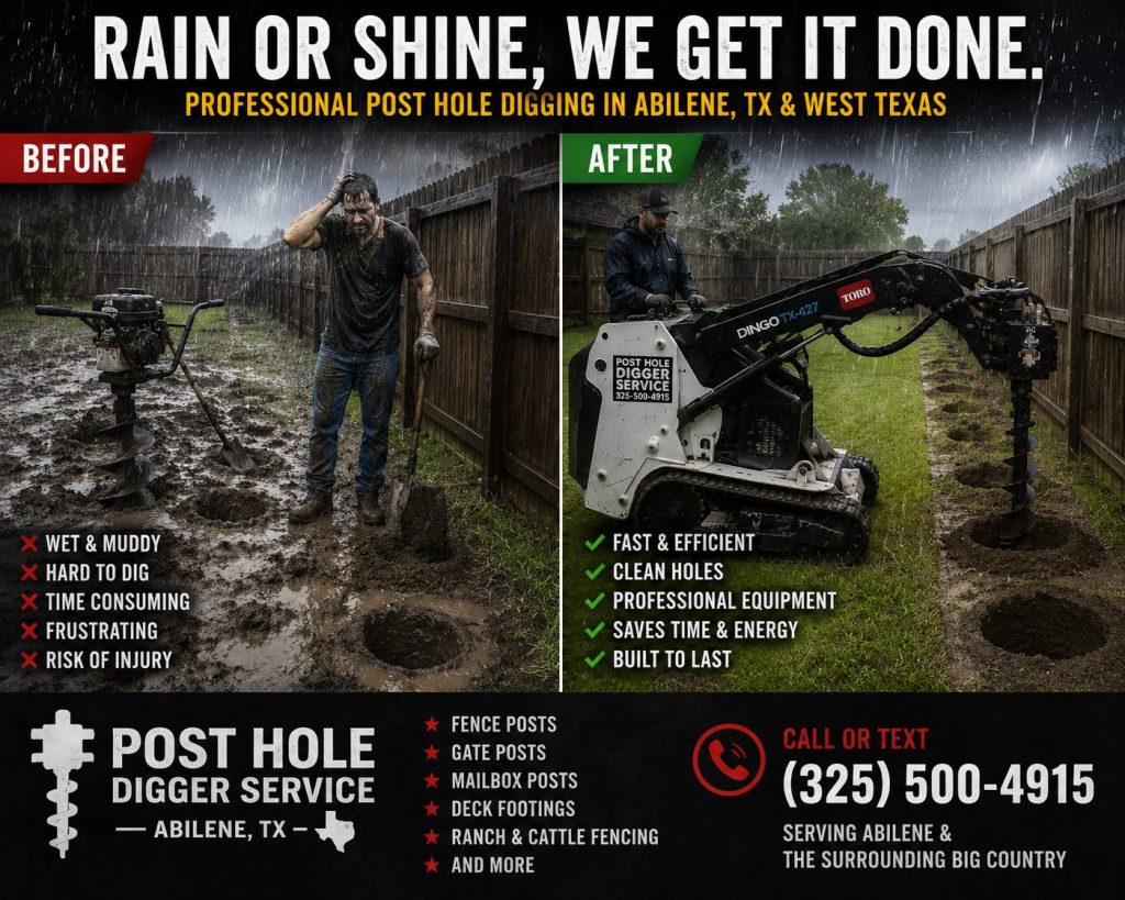 Before and after rainy weather post hole digging project in Abilene TX using a Toro Dingo mini skid steer auger.