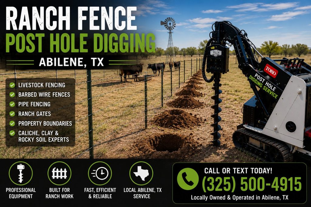 Ranch fence post hole digging in Abilene TX using professional auger equipment