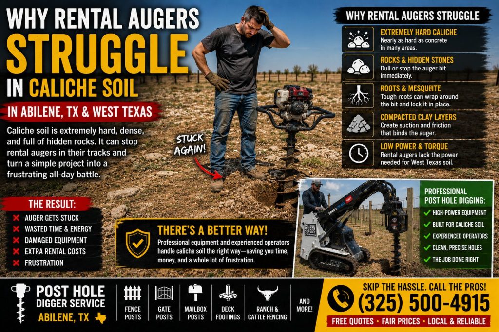 Before and after comparison of rental auger struggles versus professional post hole digging in caliche soil in Abilene TX.