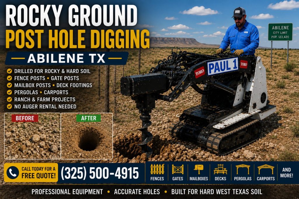 Rocky ground post hole digging in Abilene TX using PAUL 1 Toro Dingo auger equipment.