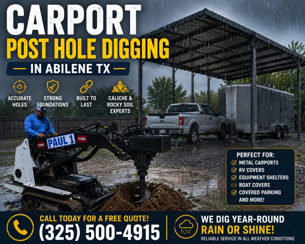 RV cover post hole drilling in Abilene TX using compact Toro Dingo auger equipment.