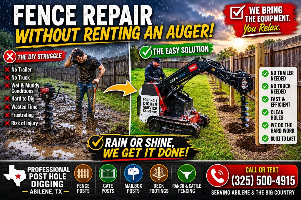 Post hole digging service in snow using Toro Dingo mini skid steer in Abilene TX.
