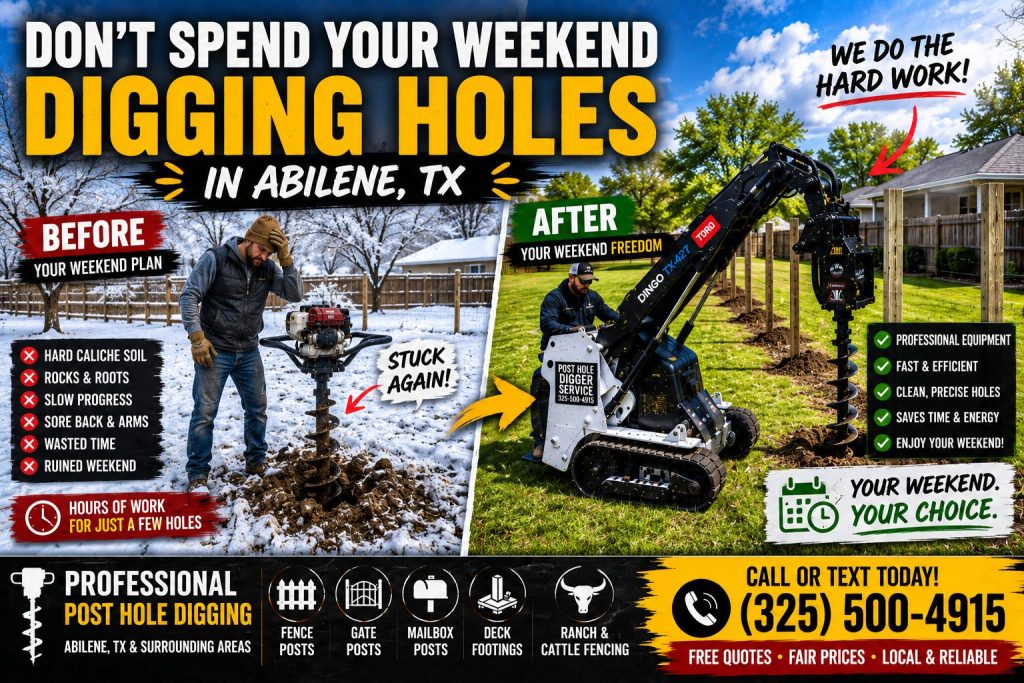 Snowy post hole drilling project with Toro Dingo mini skid steer and green grass in Abilene Texas.