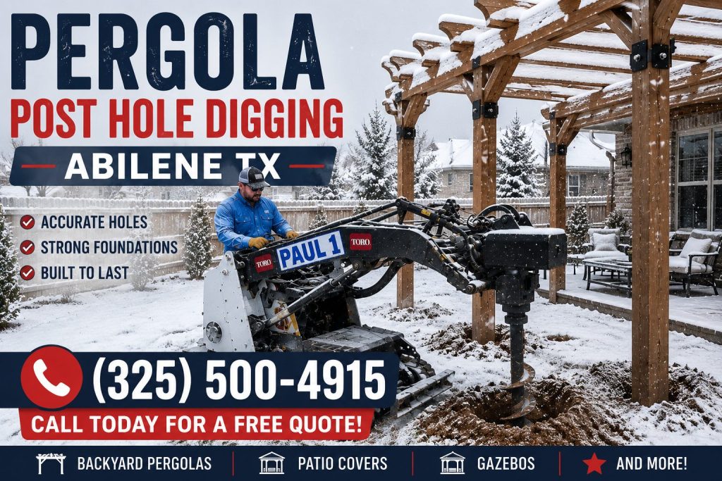 Snowy backyard pergola post holes drilled in Abilene TX for a new outdoor pergola installation.