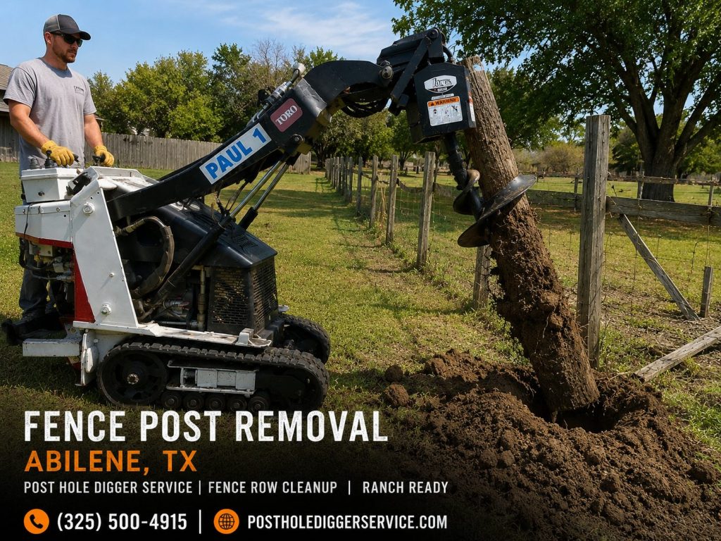 Post hole drilling in rocky West Texas soil near Abilene TX with professional auger equipment.