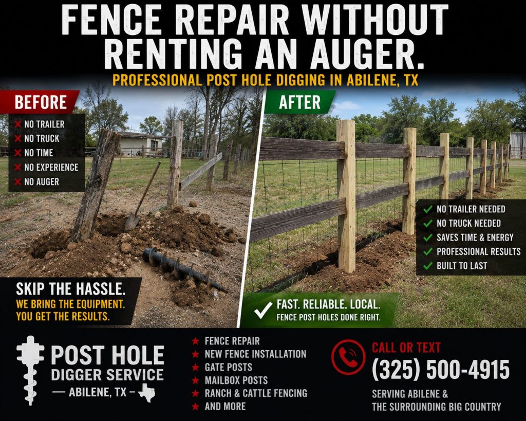 Winter fence post repair service in Abilene Texas using professional auger equipment.