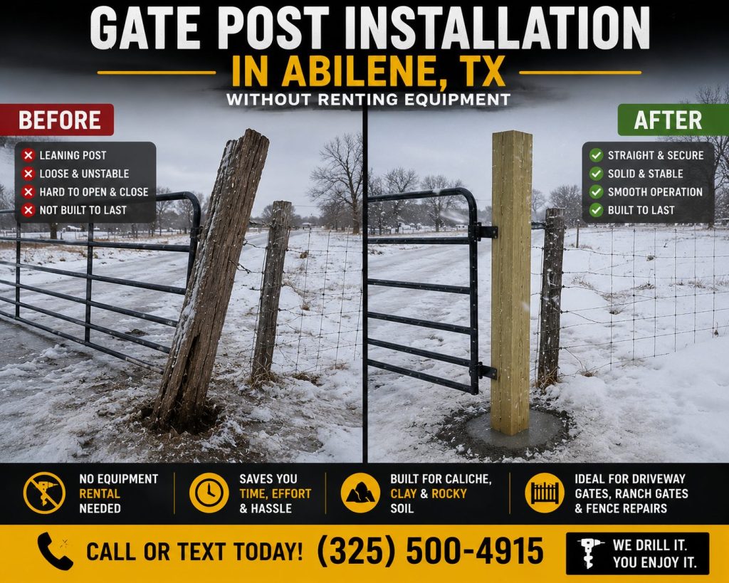 Before and after winter gate post replacement in snow and ice conditions in Abilene TX.