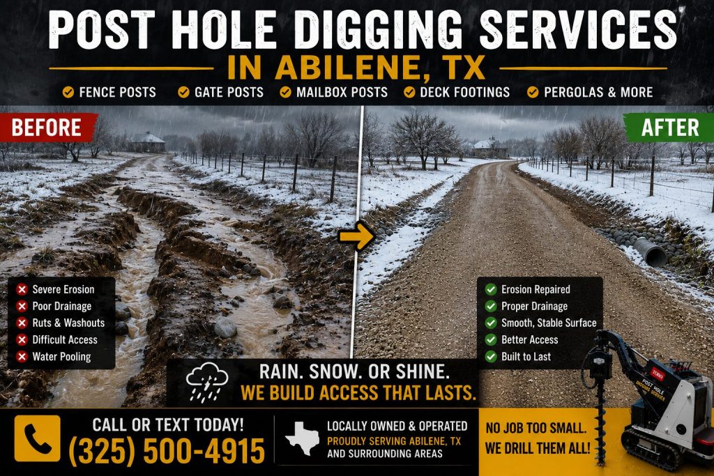 Post hole drilling service in Abilene TX during winter rain with Toro Dingo mini skid steer auger.