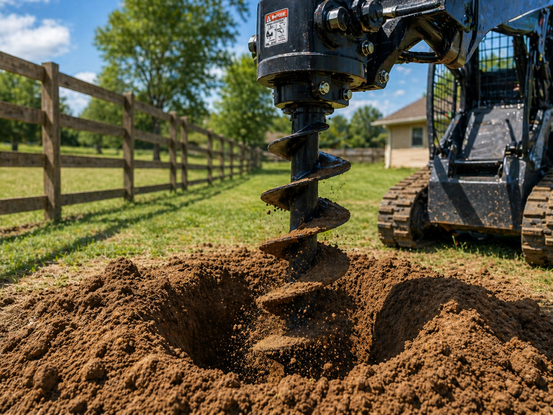 Post hole digging service in Abilene TX using skid steer auger to drill fence post hole in residential yard