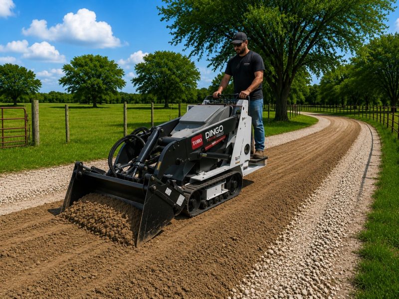 Mini skid steer spreading gravel on driveway in Abilene TX