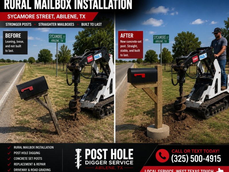 Rural mailbox installation in Abilene TX with Toro Dingo mini skid steer during winter snow and ice storm